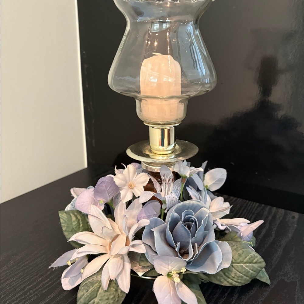 Vintage Home Interiors & Gifts Brand Glass Candle Holder with Floral Accent